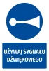 Safety sticker with sound signal icon - Round blue pictogram featuring a trumpet symbol.