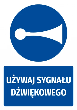 Safety sticker with sound signal icon - Round blue pictogram featuring a trumpet symbol.