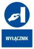 Safety sticker with a switch pictogram. Round blue sign featuring a white hand near the switch, with text below.