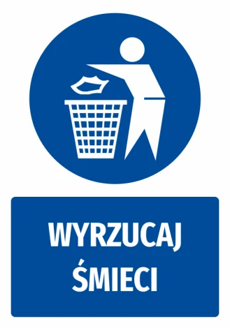 Safety sticker with trash disposal icon. Features a white figure on a blue background.
