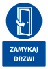 Safety sticker with a "Close the Door" pictogram. Round blue sign with a white illustration of opening doors.