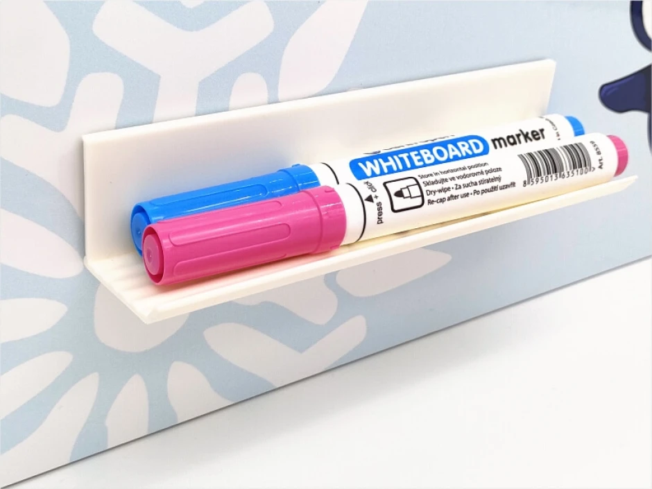 Whiteboard set - eraser, markers, shelf - Graphic design. Features a white shelf with two compartments.