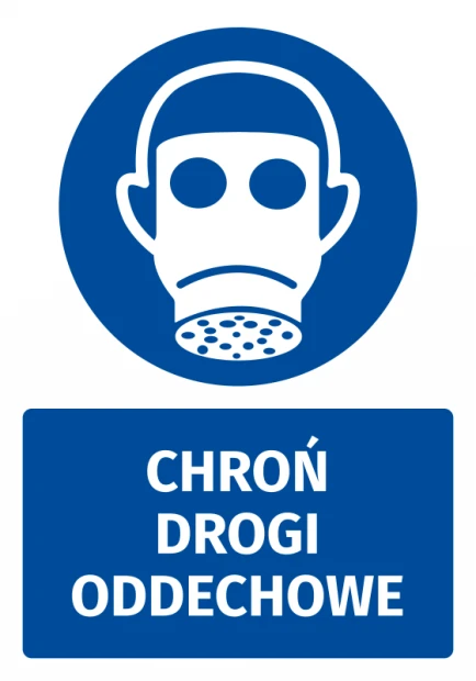Safety sticker with respiratory protection icon - round blue sign featuring a white mask graphic.