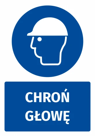 Safety sticker with a head protection icon. Round blue sign featuring a white silhouette of a helmeted head.