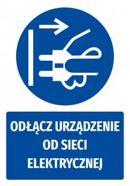 Safety sticker with a graphic icon: Disconnect device from power supply. Round blue shape with white design.