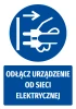 Safety sticker with a graphic icon: Disconnect device from power supply. Round blue shape with white design.