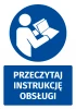 Safety sticker with a pictogram: Read the instruction manual - Graphic design. Round pictogram shows a person holding.