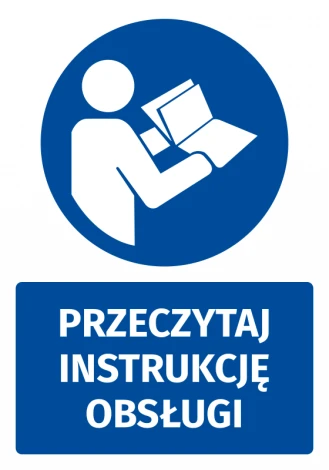 Safety sticker with a pictogram: Read the instruction manual - Graphic design. Round pictogram shows a person holding.