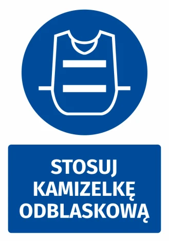 Safety sticker with a reflective vest icon - Round design on a blue background.
