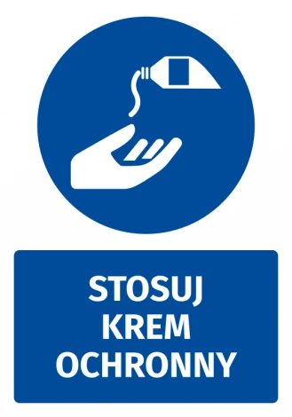 Safety sticker with a pictogram: Use sunscreen - Round blue shape with a white hand holding it.