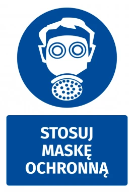 Safety sticker with a protective mask icon. Round design featuring a figure wearing a mask. Text included.