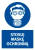 Safety sticker with a protective mask icon. Round design featuring a figure wearing a mask. Text included.
