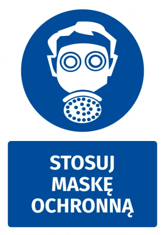 Safety sticker with a protective mask icon. Round design featuring a figure wearing a mask. Text included.