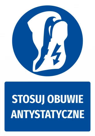 Safety sticker with an antistatic footwear icon. Round shape with a blue background and white symbol.