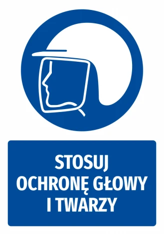 Safety sticker with head and face protection icon - round shape with blue background and white design.