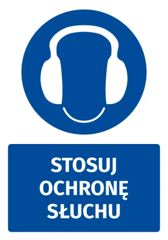 Safety sticker with hearing protection icon. Round shape with blue background and white headphones.