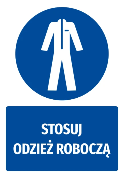 Safety sticker with a pictogram: Wear work clothing. Round blue shape with a white illustration of clothing.