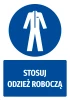 Safety sticker with a pictogram: Wear work clothing. Round blue shape with a white illustration of clothing.