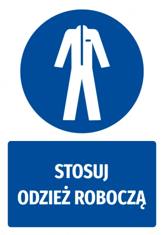 Safety sticker with a pictogram: Wear work clothing. Round blue shape with a white illustration of clothing.