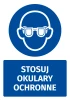 Safety sticker with a graphic of wearing protective glasses. Round icon shows a figure wearing glasses.