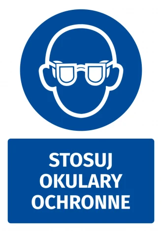 Safety sticker with a graphic of wearing protective glasses. Round icon shows a figure wearing glasses.