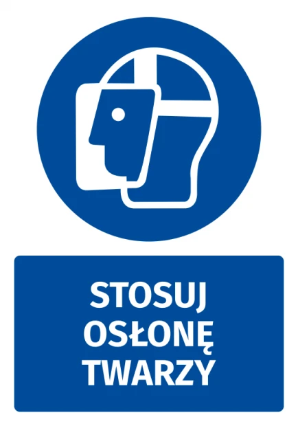 Safety sticker with face shield icon - round design featuring a head silhouette and face shield.