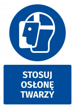 Safety sticker with face shield icon - round design featuring a head silhouette and face shield.