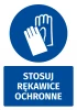 Safety sticker with a pictogram: Wear protective gloves. Round blue shape with white gloves design.