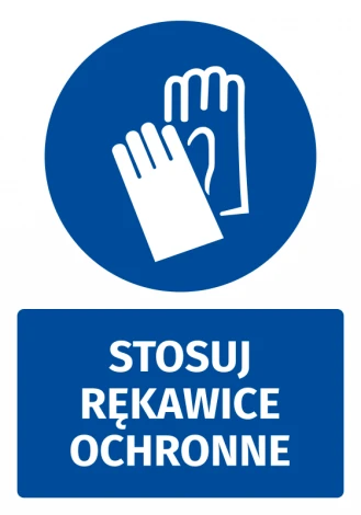 Safety sticker with a pictogram: Wear protective gloves. Round blue shape with white gloves design.