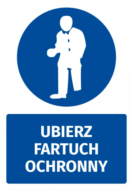 Safety sticker with icon: Wear protective apron - Round blue symbol featuring a figure in an apron.