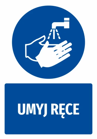 Safety sticker with handwashing icon - round design featuring hands under running water and text.