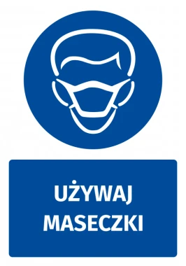 Safety sticker with mask icon - round design featuring a face with a mask on a blue background.