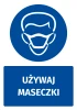 Safety sticker with mask icon - round design featuring a face with a mask on a blue background.