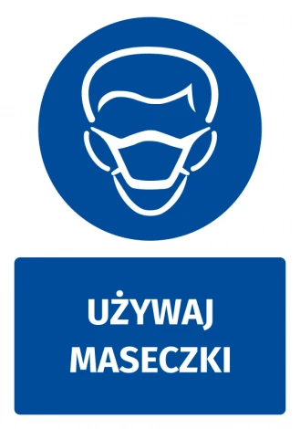 Safety sticker with mask icon - round design featuring a face with a mask on a blue background.