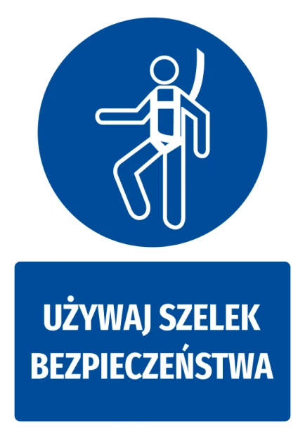 Safety sticker with a safety harness icon - round blue sign featuring a white person pictogram.