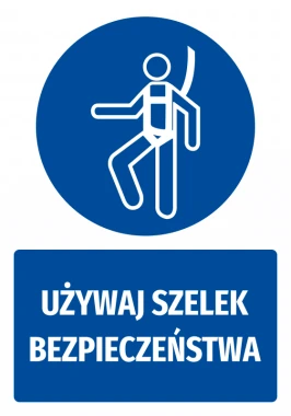 Safety sticker with a safety harness icon - round blue sign featuring a white person pictogram.
