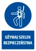 Safety sticker with a safety harness icon - round blue sign featuring a white person pictogram.