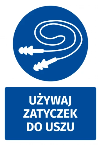 Safety sticker with earplug icon - round blue symbol featuring earplugs and white background.