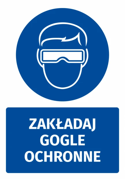 Safety sticker with goggles icon - round design featuring a white image of a head wearing goggles.