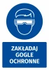 Safety sticker with goggles icon - round design featuring a white image of a head wearing goggles.