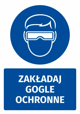 Safety sticker with goggles icon - round design featuring a white image of a head wearing goggles.