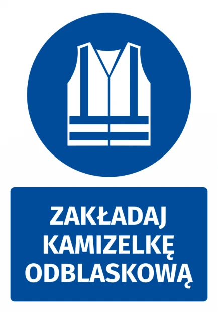 Safety sticker with a pictogram: Wear a reflective vest - Round blue sign with a white icon.