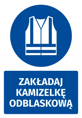 Safety sticker with a pictogram: Wear a reflective vest - Round blue sign with a white icon.