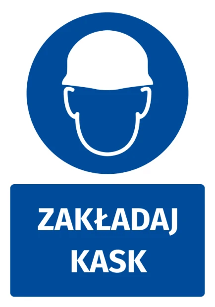 Safety sticker with helmet icon - Round design featuring a white helmet on a blue background with text below.