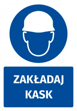 Safety sticker with helmet icon - Round design featuring a white helmet on a blue background with text below.