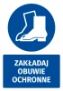 Safety sticker with icon: Wear protective footwear. Round blue shape with white safety shoes design.