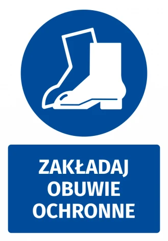 Safety sticker with icon: Wear protective footwear. Round blue shape with white safety shoes design.