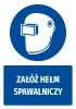 Safety sticker with welding helmet icon - round shape, blue background, white welding helmet.