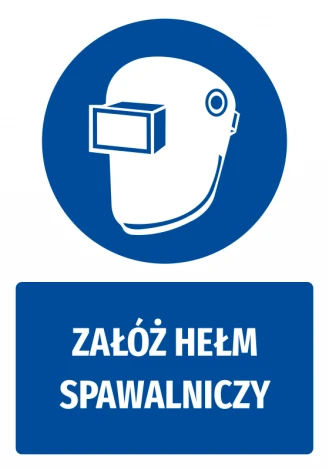 Safety sticker with welding helmet icon - round shape, blue background, white welding helmet.