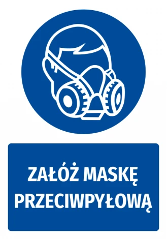 Safety sticker with dust mask icon - round design featuring a person in a mask and text.